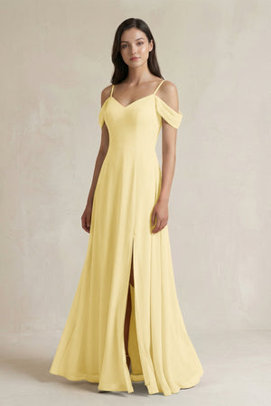 Off - the - Shoulder Chiffon A - Line Bridesmaid Dress in Pastel Yellow - SHE IS ME Bridesmaid Dresses
