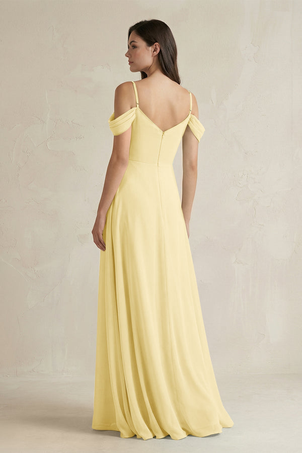 Off - the - Shoulder Chiffon A - Line Bridesmaid Dress in Pastel Yellow - SHE IS ME Bridesmaid Dresses