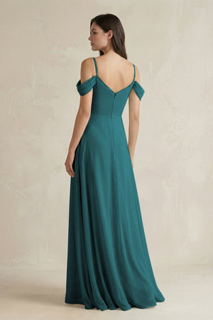 Off - the - Shoulder Chiffon A - Line Bridesmaid Dress in Pine - SHE IS ME Bridesmaid Dresses