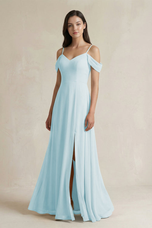 Off - the - Shoulder Chiffon A - Line Bridesmaid Dress in Sky Blue - SHE IS ME Bridesmaid Dresses