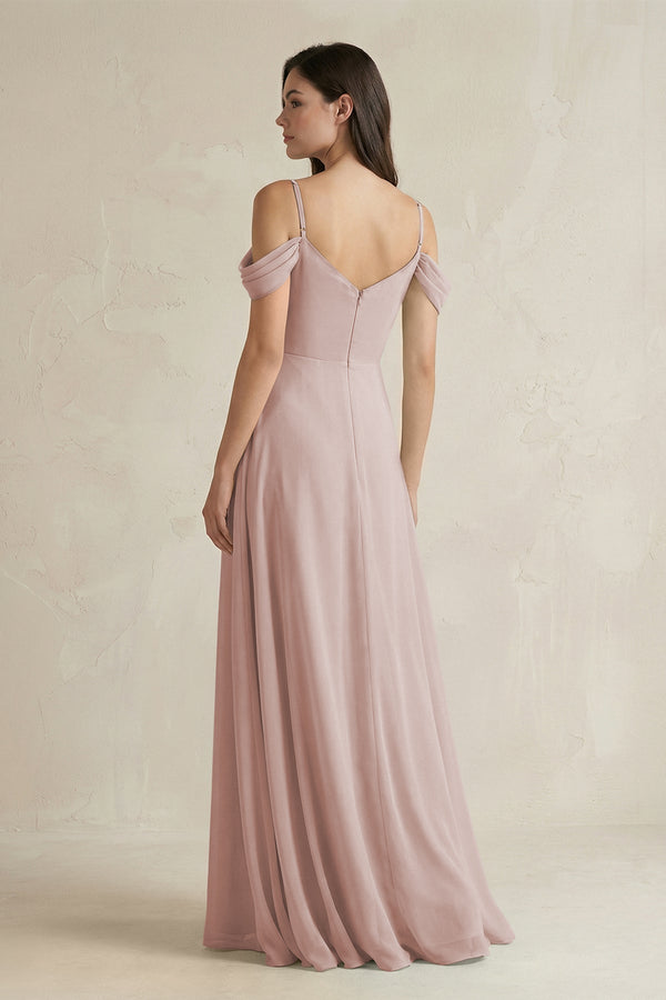Off - the - Shoulder Chiffon A - Line Bridesmaid Dress in Toffee - SHE IS ME Bridesmaid Dresses
