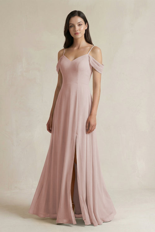 Off - the - Shoulder Chiffon A - Line Bridesmaid Dress in Toffee - SHE IS ME Bridesmaid Dresses
