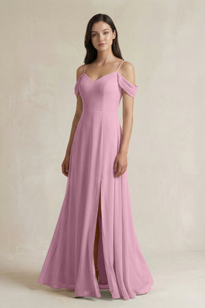 Off - the - Shoulder Chiffon A - Line Bridesmaid Dress in Vintage Mauve - SHE IS ME Bridesmaid Dresses