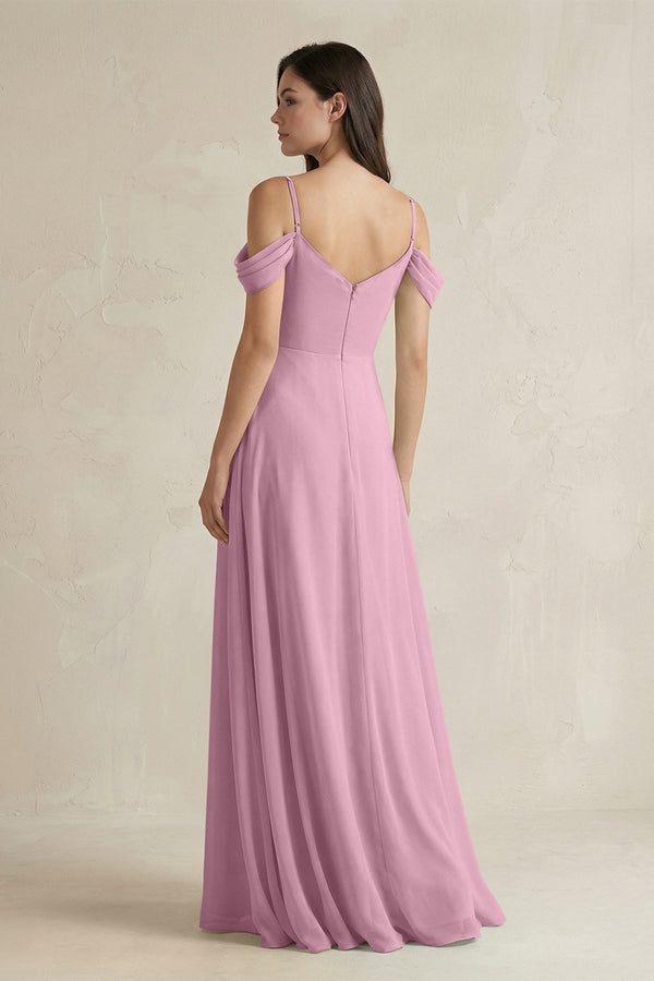 Off - the - Shoulder Chiffon A - Line Bridesmaid Dress in Vintage Mauve - SHE IS ME Bridesmaid Dresses