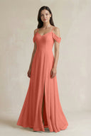 Off - the - Shoulder Chiffon A - Line Bridesmaid Dress in Wild Rose - SHE IS ME Bridesmaid Dresses