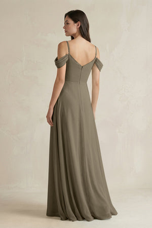 Off - the - Shoulder Chiffon A - Line Bridesmaid Dress in Willow Green - SHE IS ME Bridesmaid Dresses