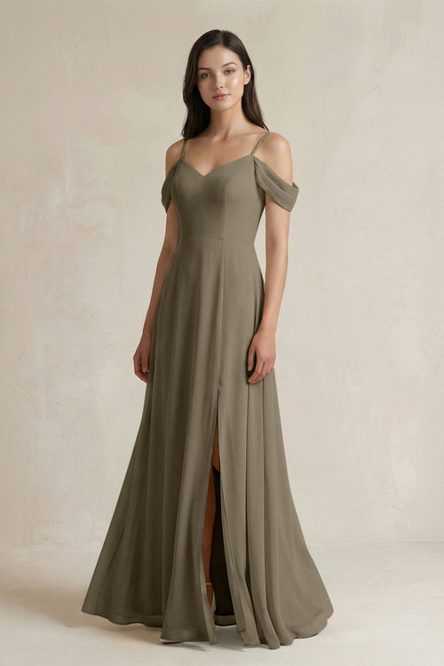 Off - the - Shoulder Chiffon A - Line Bridesmaid Dress in Willow Green - SHE IS ME Bridesmaid Dresses