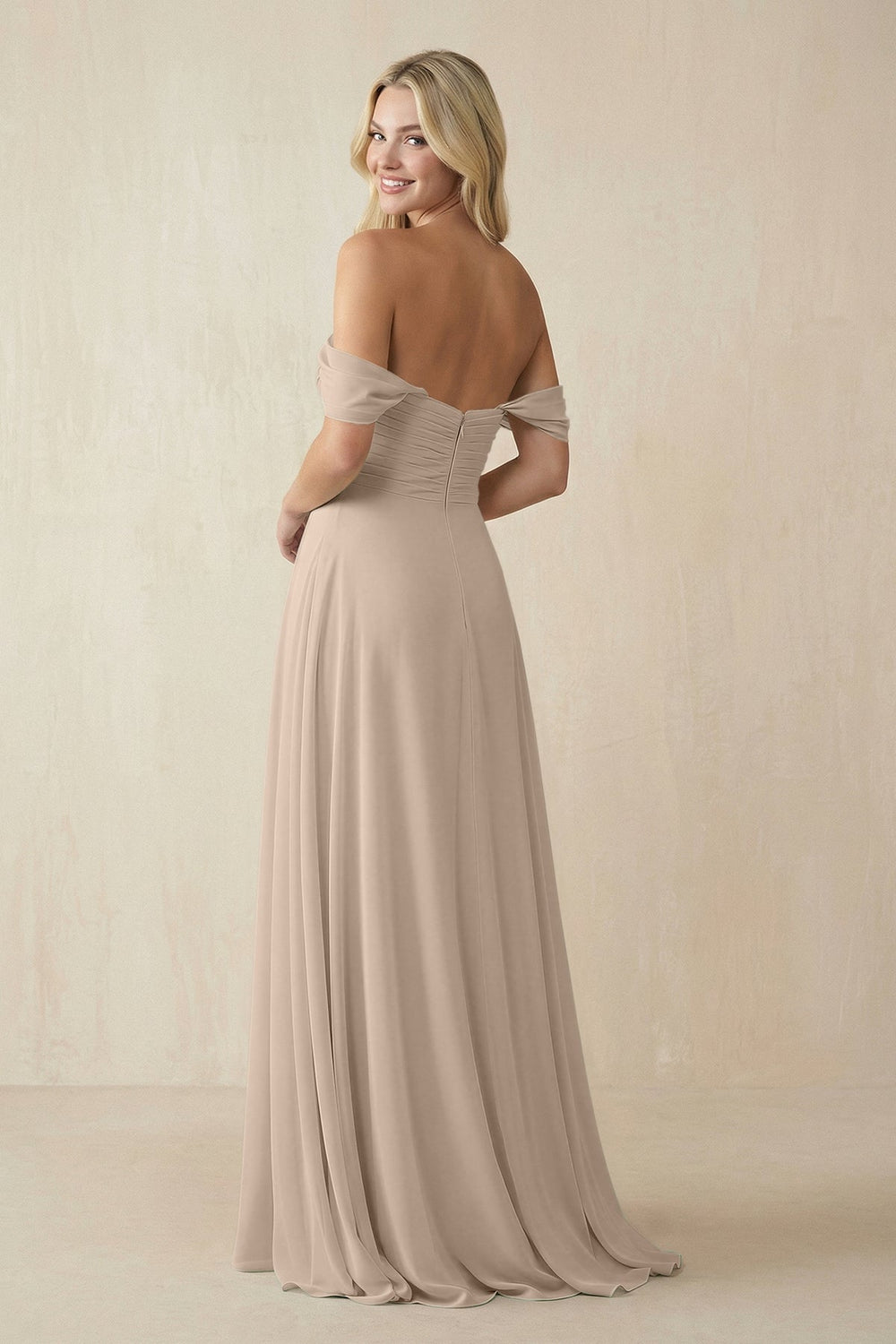 Off - the - Shoulder Chiffon A - Line Long Bridesmaid Dress in Almond - SHE IS ME Bridesmaid Dresses