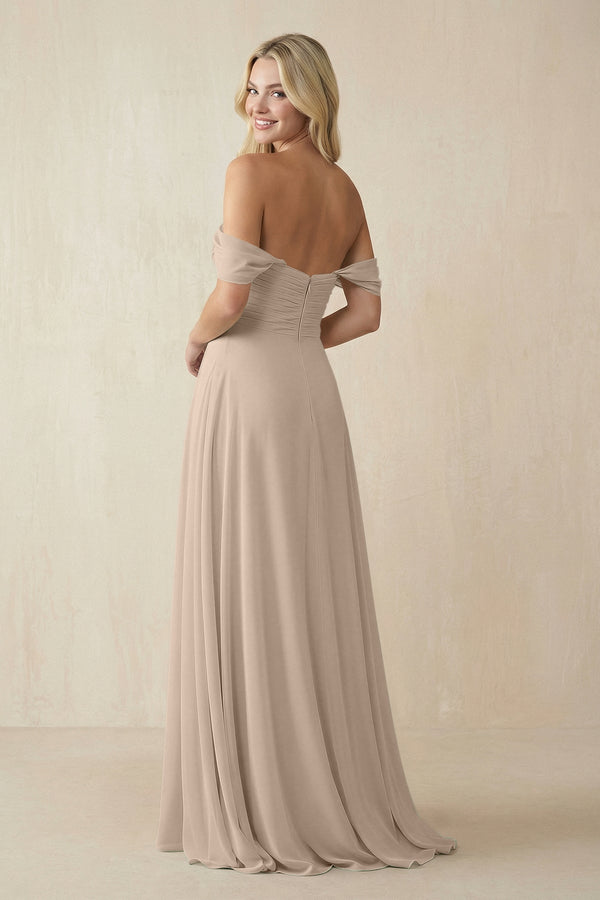 Off - the - Shoulder Chiffon A - Line Long Bridesmaid Dress in Almond - SHE IS ME Bridesmaid Dresses
