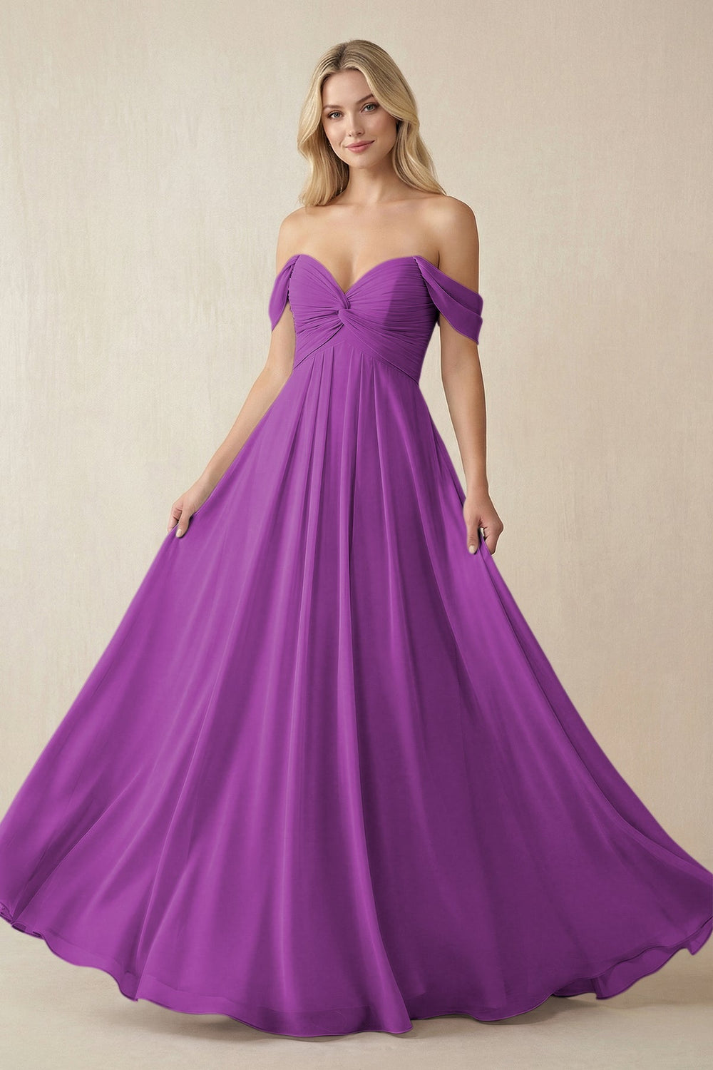 Off - the - Shoulder Chiffon A - Line Long Bridesmaid Dress in Amethyst - SHE IS ME Bridesmaid Dresses