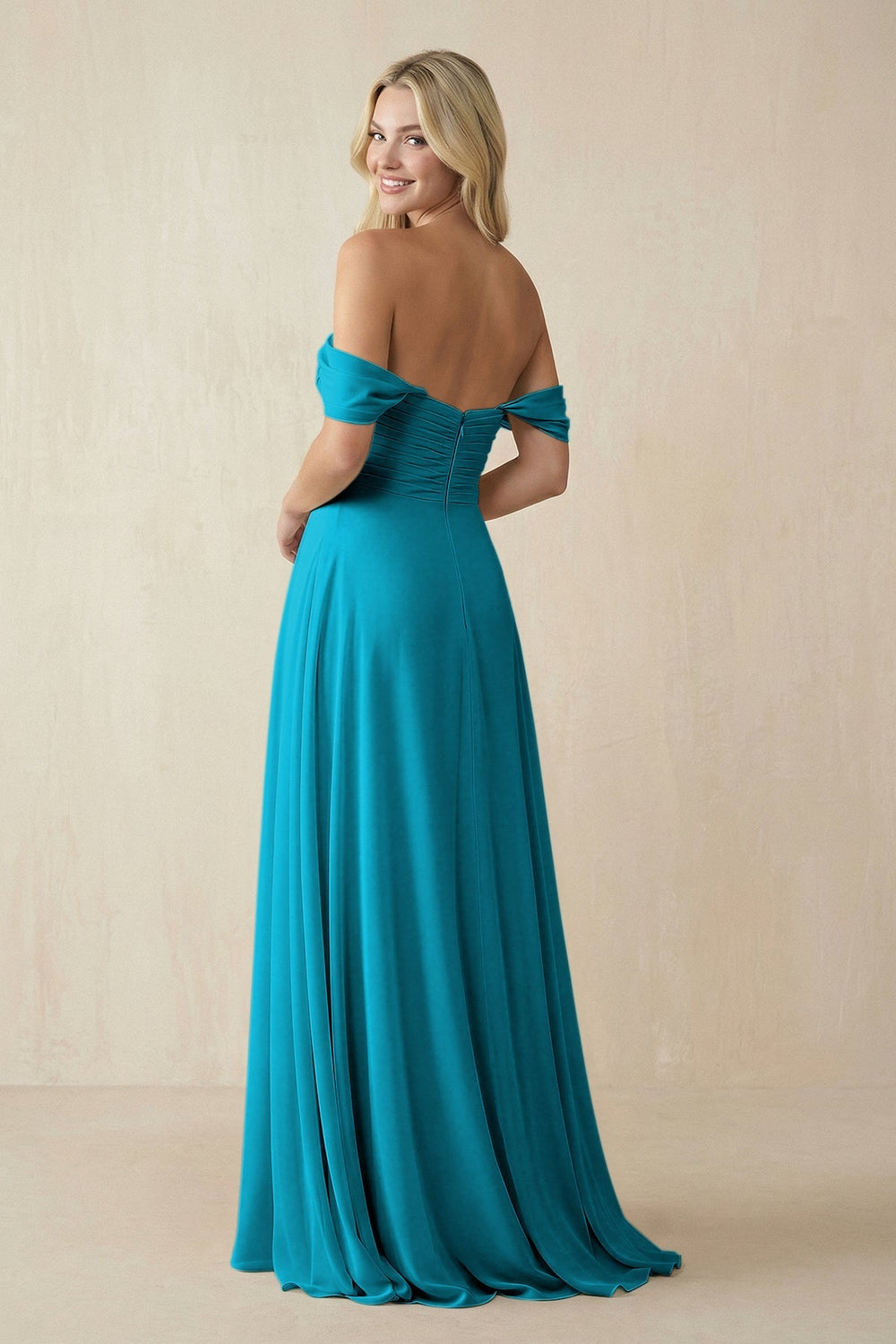 Off - the - Shoulder Chiffon A - Line Long Bridesmaid Dress in Blue Jay - SHE IS ME Bridesmaid Dresses