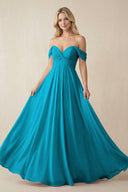Off - the - Shoulder Chiffon A - Line Long Bridesmaid Dress in Blue Jay - SHE IS ME Bridesmaid Dresses