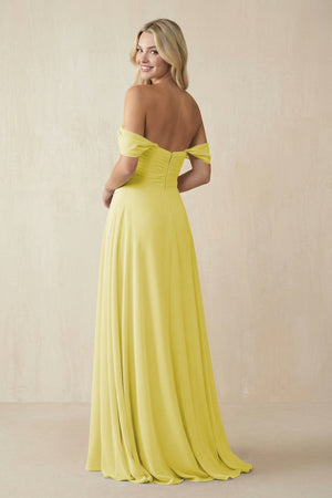 Off - the - Shoulder Chiffon A - Line Long Bridesmaid Dress in Buttercup - SHE IS ME Bridesmaid Dresses