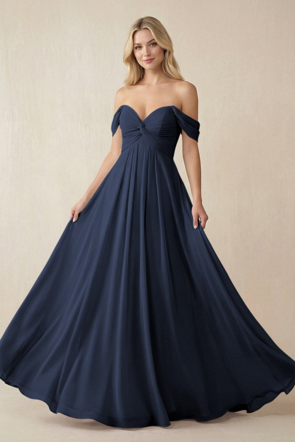 Off - the - Shoulder Chiffon A - Line Long Bridesmaid Dress in Dark Navy - SHE IS ME Bridesmaid Dresses