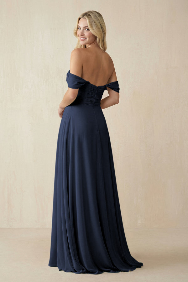 Off - the - Shoulder Chiffon A - Line Long Bridesmaid Dress in Dark Navy - SHE IS ME Bridesmaid Dresses