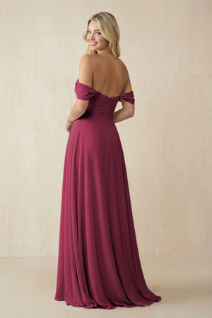 Off - the - Shoulder Chiffon A - Line Long Bridesmaid Dress in Desert Rose - SHE IS ME Bridesmaid Dresses