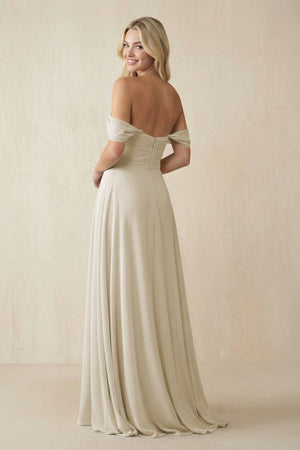 Off - the - Shoulder Chiffon A - Line Long Bridesmaid Dress in Dove Gray - SHE IS ME Bridesmaid Dresses