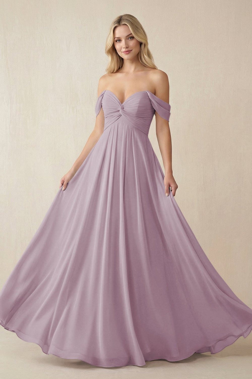 Off - the - Shoulder Chiffon A - Line Long Bridesmaid Dress in Dusk - SHE IS ME Bridesmaid Dresses