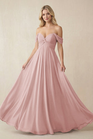 Off - the - Shoulder Chiffon A - Line Long Bridesmaid Dress in Dusty Rose - SHE IS ME Bridesmaid Dresses