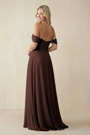 Off - the - Shoulder Chiffon A - Line Long Bridesmaid Dress in Espresso - SHE IS ME Bridesmaid Dresses
