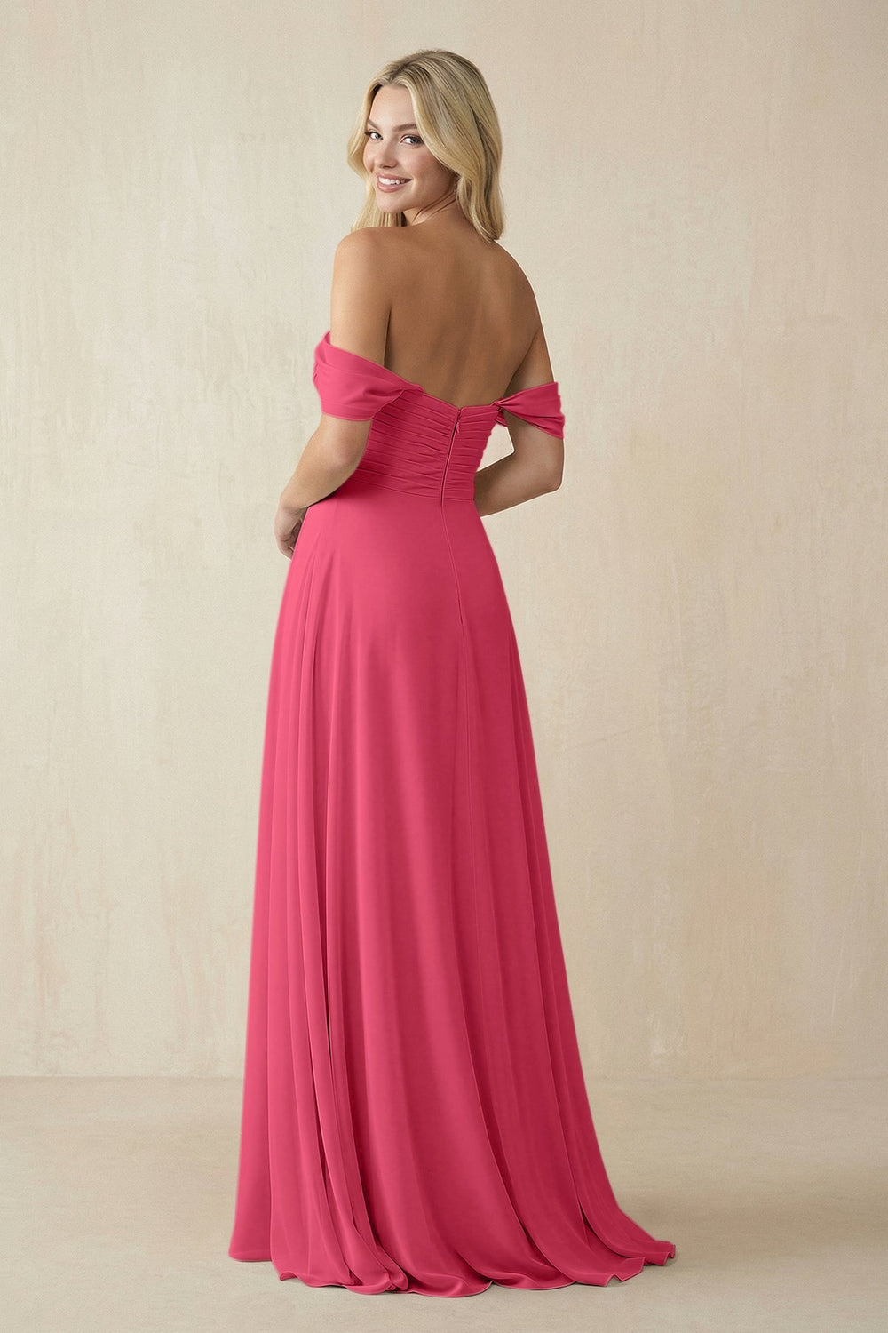Off - the - Shoulder Chiffon A - Line Long Bridesmaid Dress in Fuchsia - SHE IS ME Bridesmaid Dresses