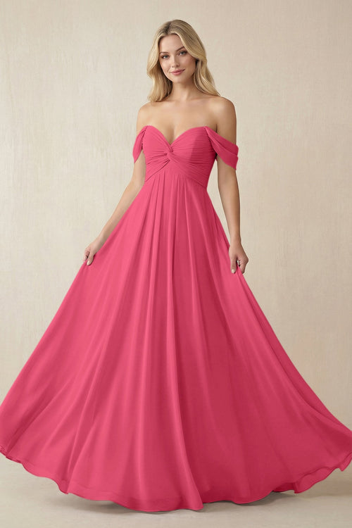 Off - the - Shoulder Chiffon A - Line Long Bridesmaid Dress in Fuchsia - SHE IS ME Bridesmaid Dresses