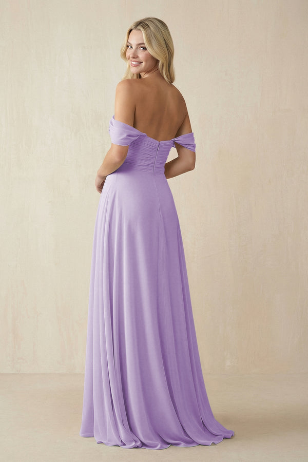 Off - the - Shoulder Chiffon A - Line Long Bridesmaid Dress in Lavender - SHE IS ME Bridesmaid Dresses