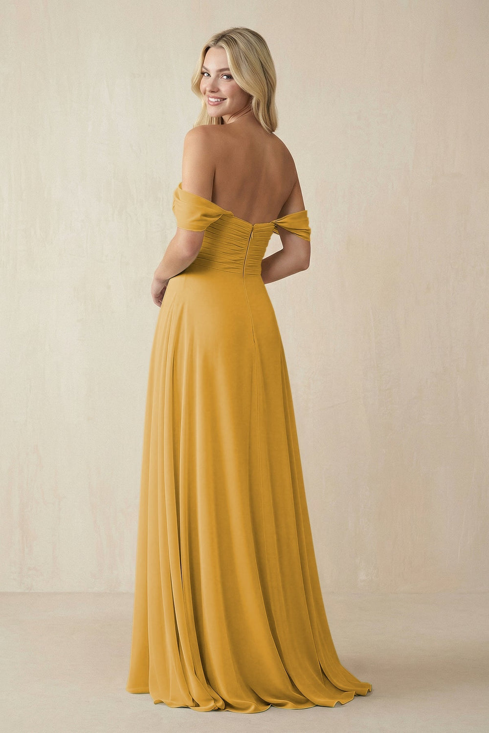 Off - the - Shoulder Chiffon A - Line Long Bridesmaid Dress in Marigold - SHE IS ME Bridesmaid Dresses