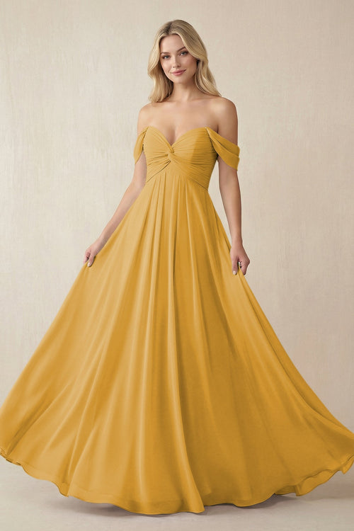 Off - the - Shoulder Chiffon A - Line Long Bridesmaid Dress in Marigold - SHE IS ME Bridesmaid Dresses