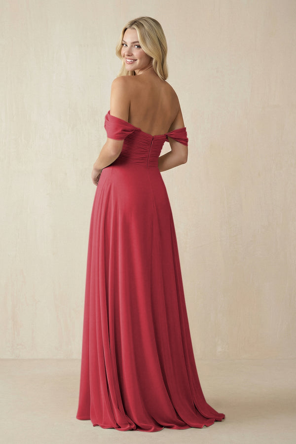 Off - the - Shoulder Chiffon A - Line Long Bridesmaid Dress in Merlot - SHE IS ME Bridesmaid Dresses