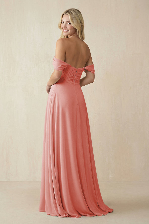 Off - the - Shoulder Chiffon A - Line Long Bridesmaid Dress in Mulberry - SHE IS ME Bridesmaid Dresses