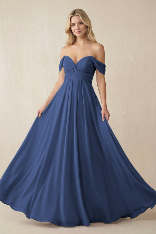 Off - the - Shoulder Chiffon A - Line Long Bridesmaid Dress in Navy - SHE IS ME Bridesmaid Dresses