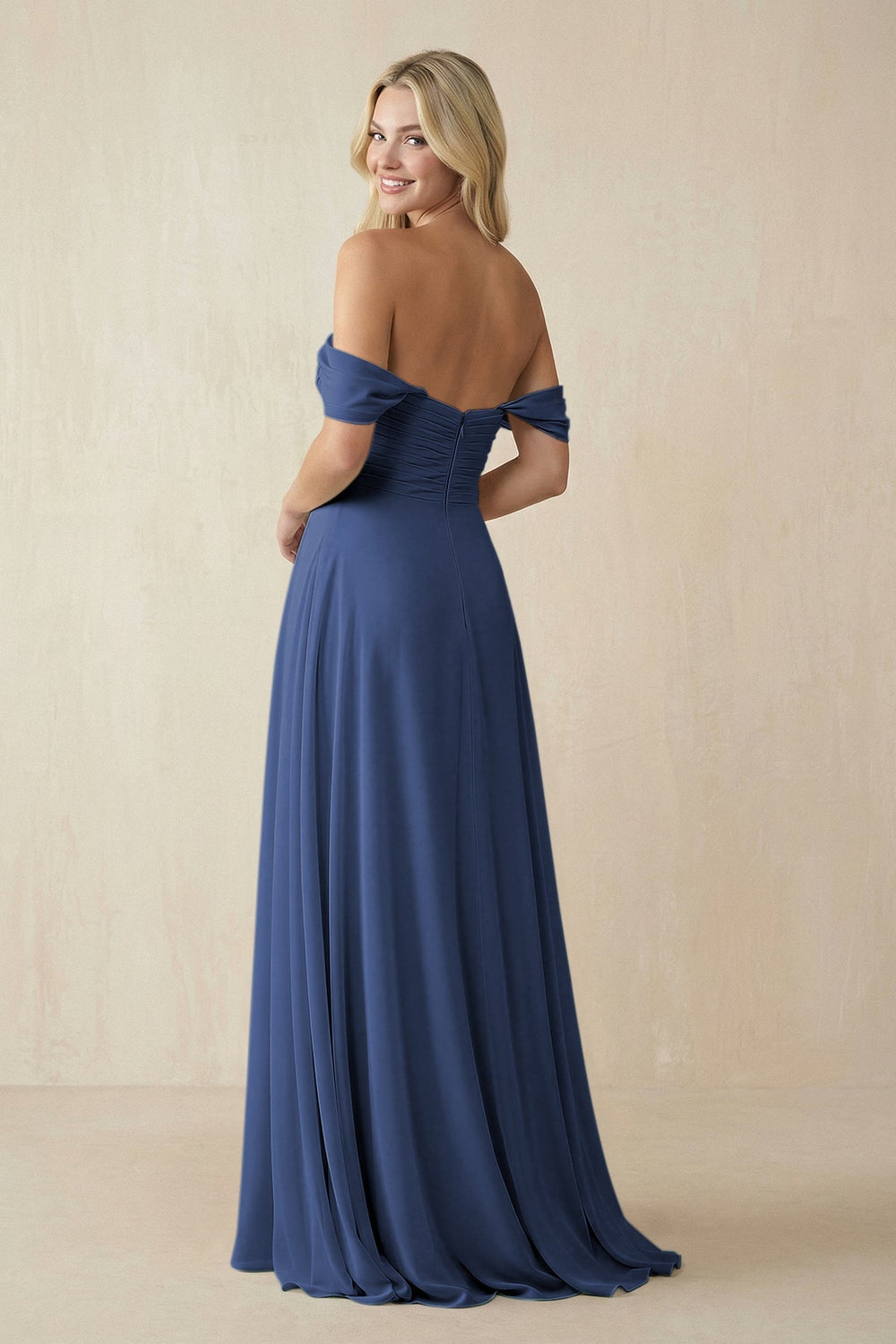 Off - the - Shoulder Chiffon A - Line Long Bridesmaid Dress in Navy - SHE IS ME Bridesmaid Dresses