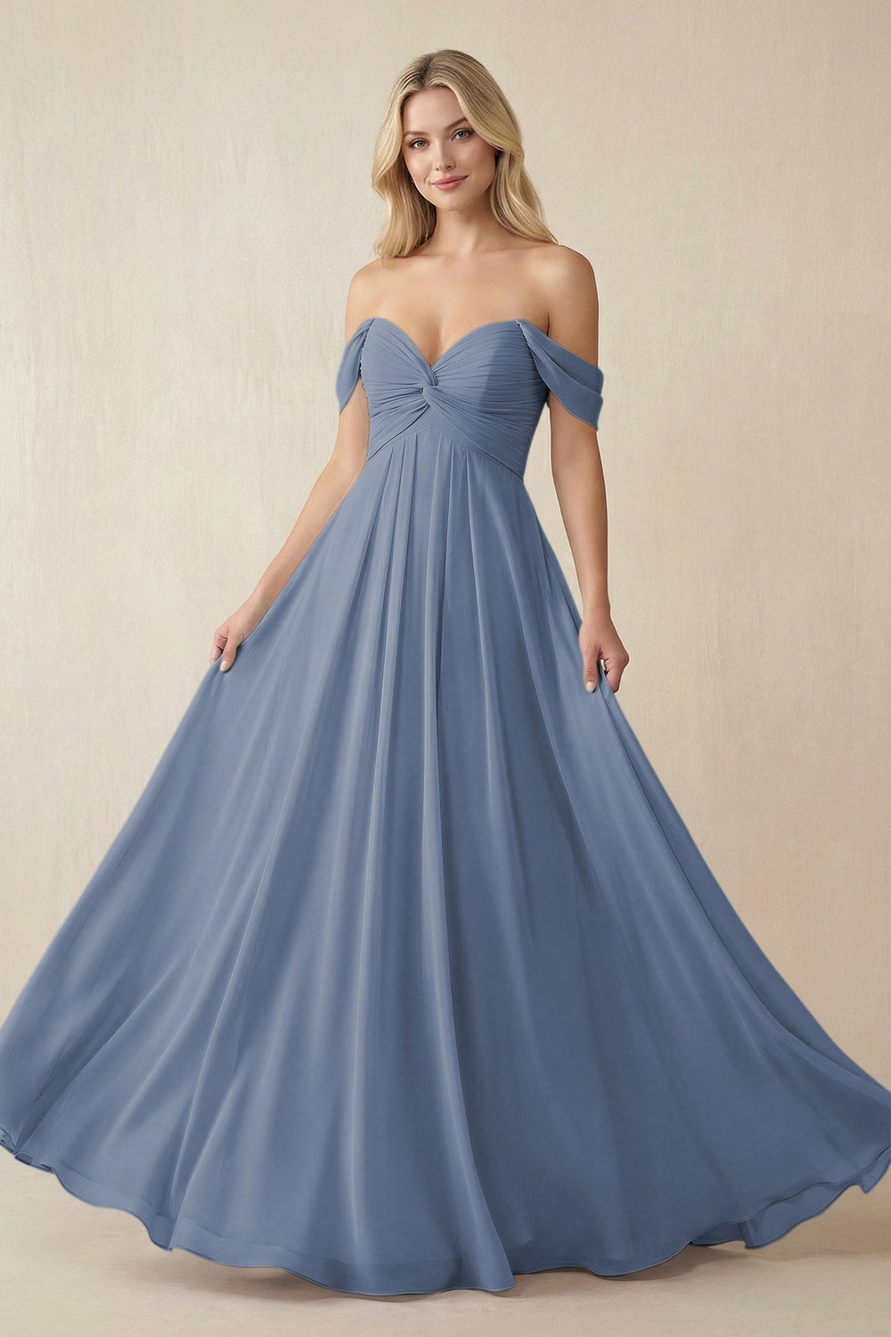 Off - the - Shoulder Chiffon A - Line Long Bridesmaid Dress in Neptune - SHE IS ME Bridesmaid Dresses