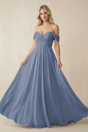 Off - the - Shoulder Chiffon A - Line Long Bridesmaid Dress in Neptune - SHE IS ME Bridesmaid Dresses