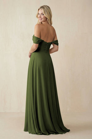Off - the - Shoulder Chiffon A - Line Long Bridesmaid Dress in Olive - SHE IS ME Bridesmaid Dresses