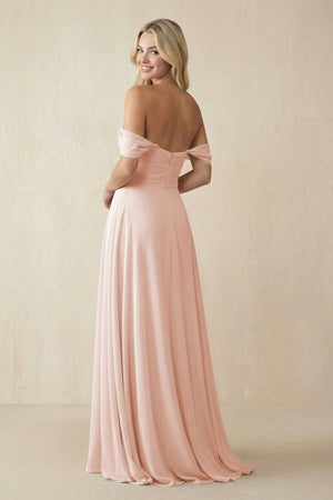 Off - the - Shoulder Chiffon A - Line Long Bridesmaid Dress in Pale Blush - SHE IS ME Bridesmaid Dresses