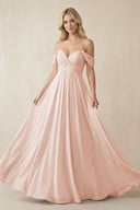 Off - the - Shoulder Chiffon A - Line Long Bridesmaid Dress in Pale Blush - SHE IS ME Bridesmaid Dresses