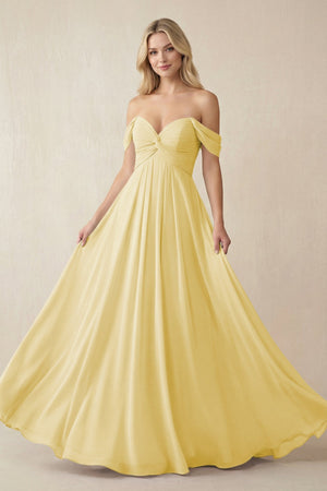 Off - the - Shoulder Chiffon A - Line Long Bridesmaid Dress in Pastel Yellow - SHE IS ME Bridesmaid Dresses