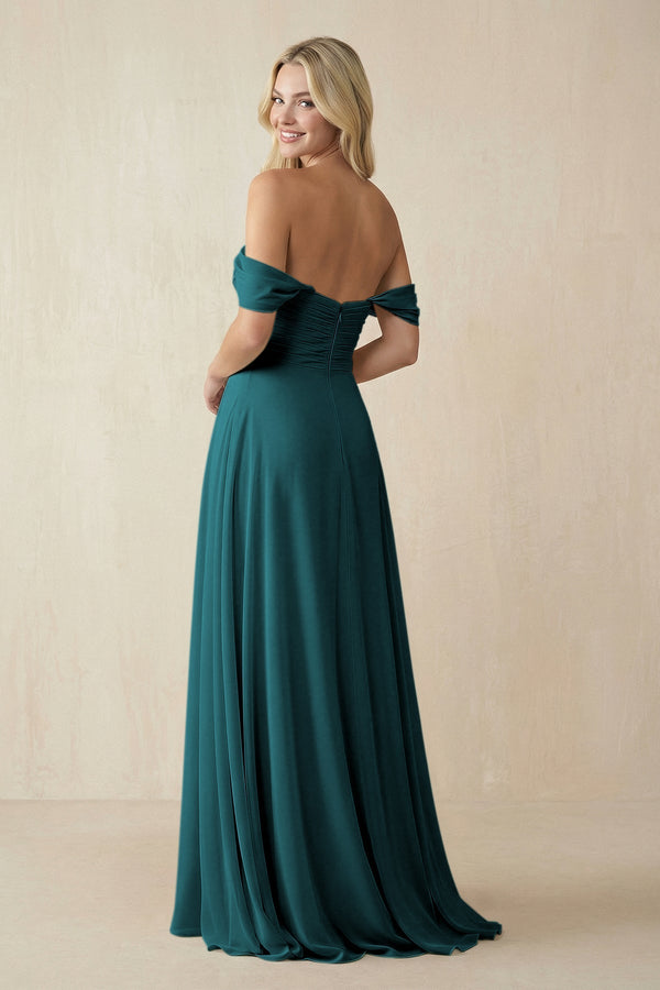 Off - the - Shoulder Chiffon A - Line Long Bridesmaid Dress in Pine - SHE IS ME Bridesmaid Dresses