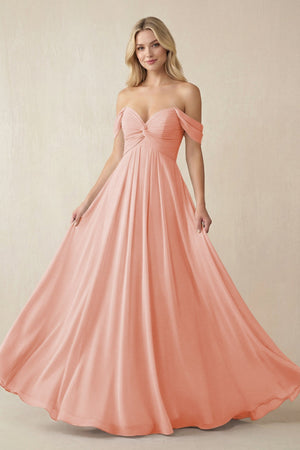 Off - the - Shoulder Chiffon A - Line Long Bridesmaid Dress in Rose Petal - SHE IS ME Bridesmaid Dresses