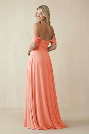 Off - the - Shoulder Chiffon A - Line Long Bridesmaid Dress in Rosette - SHE IS ME Bridesmaid Dresses