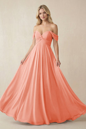 Off - the - Shoulder Chiffon A - Line Long Bridesmaid Dress in Rosette - SHE IS ME Bridesmaid Dresses