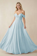 Off - the - Shoulder Chiffon A - Line Long Bridesmaid Dress in Sky Blue - SHE IS ME Bridesmaid Dresses