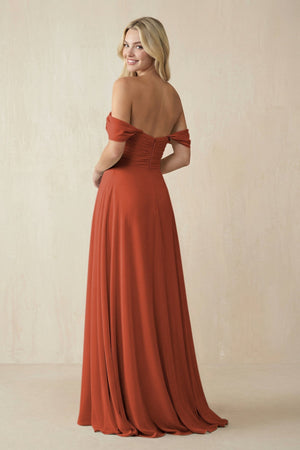 Off - the - Shoulder Chiffon A - Line Long Bridesmaid Dress in Spice - SHE IS ME Bridesmaid Dresses