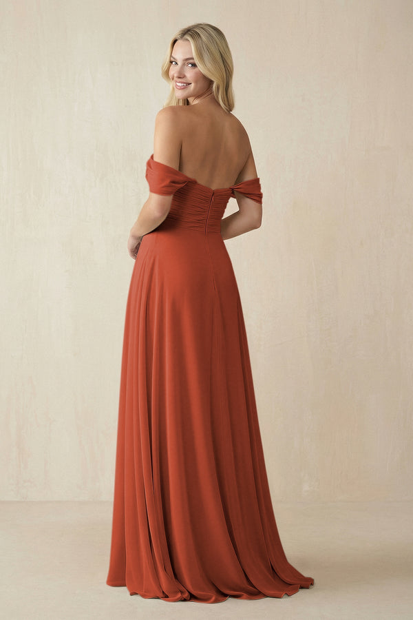 Off - the - Shoulder Chiffon A - Line Long Bridesmaid Dress in Spice - SHE IS ME Bridesmaid Dresses