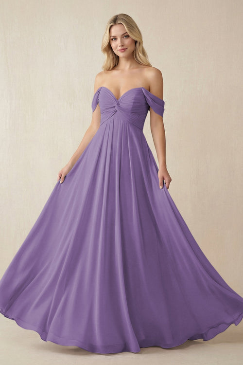 Off - the - Shoulder Chiffon A - Line Long Bridesmaid Dress in Tahiti - SHE IS ME Bridesmaid Dresses