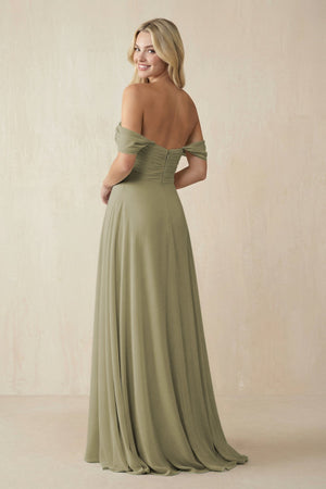 Off - the - Shoulder Chiffon A - Line Long Bridesmaid Dress in Thyme - SHE IS ME Bridesmaid Dresses
