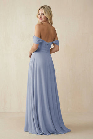 Off - the - Shoulder Chiffon A - Line Long Bridesmaid Dress in Twilight - SHE IS ME Bridesmaid Dresses