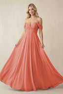 Off - the - Shoulder Chiffon A - Line Long Bridesmaid Dress in Wild Rose - SHE IS ME Bridesmaid Dresses